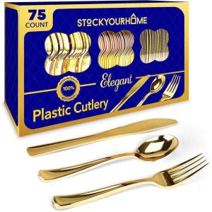Gold Plastic Silverware Set (160 Bulk Pack) Disposable Cutlery Utensils, 80 Gold Forks, 40 Gold Knives, 40 Gold Spoons, Heavy Duty Flatware For Holidays, Parties, Dinners, Weddings, and Occasions(Gold)