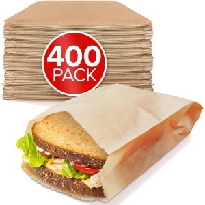 Paper Sandwich Bags Kraft Brown (125 Pack) Food Grade Bags with White Round Stickers for Sealing – Unbleached Compostable Natural Kraft Paper Stock Bags for Bakery Cookies, Treats, Snacks, Sandwiches(400 Count)