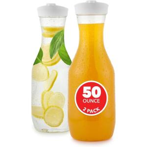 Plastic Juice Carafe with Lids (Set of 2) 50 oz Carafes for Mimosa Bar, Drink Pitcher with Lid, Water Bottle, Milk Container, Clear Beverage Containers for Fridge, Pantry Storage, Round Pitchers(2)