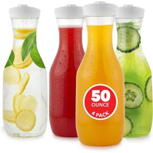 Plastic Juice Carafe with Lids (Set of 2) 50 oz Carafes for Mimosa Bar, Drink Pitcher with Lid, Water Bottle, Milk Container, Clear Beverage Containers for Fridge, Pantry Storage, Round Pitchers(4)