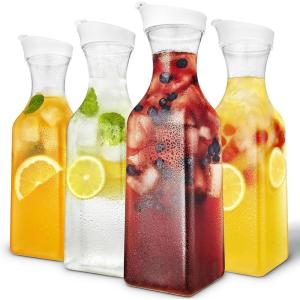 Plastic Juice Carafe with Lids (Set of 6) 50 oz Carafes for Mimosa Bar, Drink Pitcher with Lid, Water Bottle, Milk Container, Clear Beverage Containers for Fridge, Pantry Storage, Square Pitchers(Set of 4)
