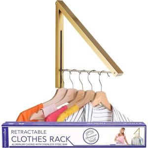 Single Foldable Clothing Rack, Wall-Mounted Retractable Clothes Hanger for Laundry Dryer Room, Hanging Drying Rod, Small Collapsible Folding Garment Racks, Dorm Accessories (White)(Gold)
