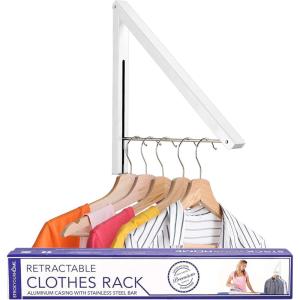 Single Foldable Clothing Rack, Wall-Mounted Retractable Clothes Hanger for Laundry Dryer Room, Hanging Drying Rod, Small Collapsible Folding Garment Racks, Dorm Accessories (White)(White)