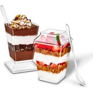 Stock Your Home 100 Pack 5 oz Elegant Mini Clear Plastic Dessert Cups with Lids and Spoons Square Parfait Cup w/Lid for Small Individual Desserts, Pudding Shooters, Appetizers, Trifle Shooter(100)