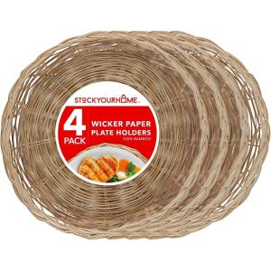 Stock Your Home 10-Inch Bamboo Paper Plate Holder (4 Count) – Heavy Duty Wicker Reusable Natural Charger Plates(Natural Bamboo)