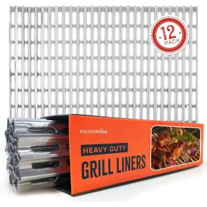 Stock Your Home 12 Pack Aluminum Grill Grate Liners, 12″ x 20″ No Mess Foil Disposable Grill Toppers for Outdoor Charcoal BBQs, Grilling Accessories