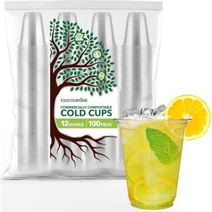 Stock Your Home 12 oz Clear Commercially Compostable Cold Cups (100 Pack), Eco Party Cup, Environmentally Friendly Disposable Sustainable for Water, Wine, Beer Sample(100)
