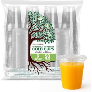 Stock Your Home 16 oz Premium Commercially Compostable Cold Cups (50 Pack), Eco Party Cup, Environmentally Friendly Disposable Sustainable for Water, Wine, Beer Sample(9oz)