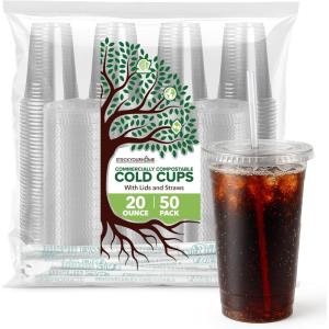 Stock Your Home 16 oz Premium Commercially Compostable Cold Cups (50 Pack), Eco Party Cup, Environmentally Friendly Disposable Sustainable for Water, Wine, Beer Sample(20oz)