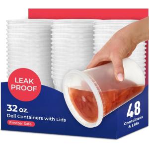 Stock Your Home 16oz Plastic Deli Containers with Lids (48 Pack), Disposable & Reusable Freezer Containers, To Go Soup Containers, Microwave Safe(32 oz/48 Count)