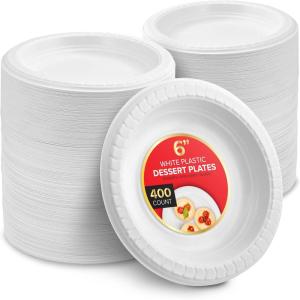 Stock Your Home 200 Count Premium White Plastic Plates, 6 Inch White Disposable Wedding Cake Plates, Heavy Duty Plastic Dessert Plates, Cocktail Appetizer Plates for Christmas Dinner Parties(400)