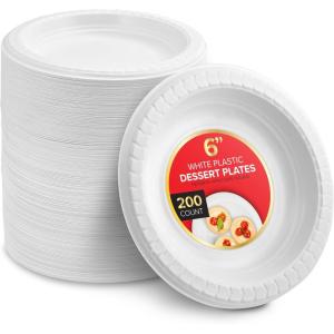 Stock Your Home 200 Count Premium White Plastic Plates, 6 Inch White Disposable Wedding Cake Plates, Heavy Duty Plastic Dessert Plates, Cocktail Appetizer Plates for Christmas Dinner Parties(200)