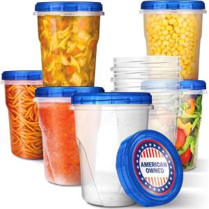 Stock Your Home 32oz Plastic Containers with Twist Top Lids (6 Pack), Quart Freezer Containers with Lids for Leftover Food, Airtight Reusable Soup Containers, Microwave and Dishwasher Safe(32 oz)