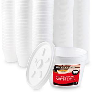 Stock Your Home 4 Ounce Foam Bowls With Lids (100 Count) – Insulated To Go Cups – Containers for Soup, Oatmeal, Ice Cream – For Delis, Cafes, Restaurants(4 Oz – 100 Count)
