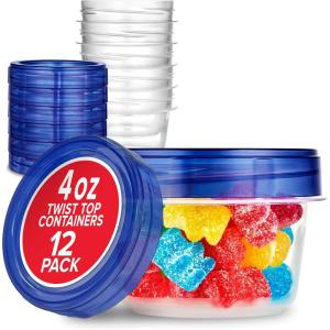 Stock Your Home 4oz Plastic Containers with Twist Top Lids (12 Pack), 1/2 Cup Small Freezer Containers for Leftover Food, Airtight Reusable Soup Containers with Lids, Microwave and Dishwasher Safe
