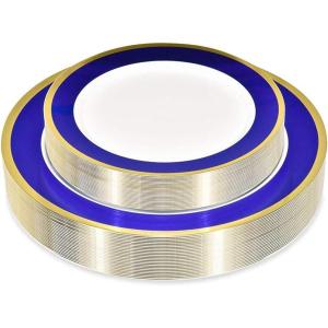 Stock Your Home 50 Piece Disposable Plates – Heavy Duty Plastic Dinnerware for Wedding Birthday Party Holiday Baby Shower – Includes 25 Dinner Plates and 25 Dessert Plates (Blue and Gold)