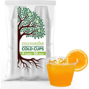 Stock Your Home 9 oz Clear Commercially Compostable Cold Cups (100 Pack) PLA Disposable Party Cup for Water, Wine & Beer(50 Pack)