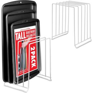 Stock Your Home Black (2 Pack) Extra Tall Steel Baking Pan Organizer Rack for Cabinet Storage or Kitchen Counter, Cookie Baking Sheet Organizer with Dividers, Muffin Tin and Cutting Board Holder(White)