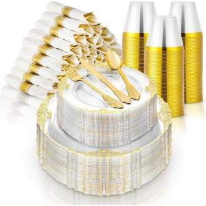 Stock Your Home Black and Gold Plates Set with Pre-Rolled Cutlery with Napkins & Gold Cups, Dinnerware for 50 Guests (350pcs), Disposable Party Sets for Wedding, Bridal Shower, Graduation Parties(Clear & Gold)