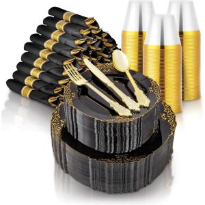 Stock Your Home Black and Gold Plates Set with Pre-Rolled Cutlery with Napkins & Gold Cups, Dinnerware for 50 Guests (350pcs), Disposable Party Sets for Wedding, Bridal Shower, Graduation Parties(Black & Gold)