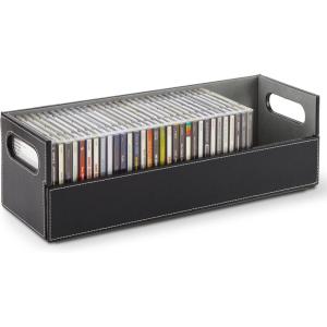 Stock Your Home CD Storage Box, Organizer Shelf for Movie Cases, DVDs, Cassette Tape Display Stand, Disc Holder Can Store Up to 40 CDs, Faux Leather (White)(Black)