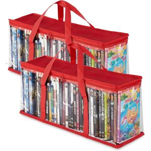 Stock Your Home DVD Storage Bags (Set of 4) Media Organizer Bag for DVDs, CDs, Blu Ray Disc, Movie Cases, VHS Box, Video Game Disks, Clear Plastic Holders with Carrying Handles and Zipper – White(Red)