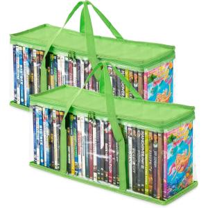 Stock Your Home DVD Storage Bags (Set of 4) Media Organizer Bag for DVDs, CDs, Blu Ray Disc, Movie Cases, VHS Box, Video Game Disks, Clear Plastic Holders with Carrying Handles and Zipper – White(Green)