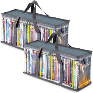 Stock Your Home DVD Storage Bags (Set of 4) Media Organizer Bag for DVDs, CDs, Blu Ray Disc, Movie Cases, VHS Box, Video Game Disks, Clear Plastic Holders with Carrying Handles and Zipper – White(Gray)