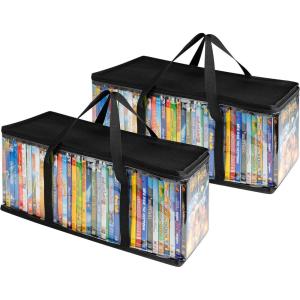 Stock Your Home DVD Storage Bags (Set of 4) Media Organizer Bag for DVDs, CDs, Blu Ray Disc, Movie Cases, VHS Box, Video Game Disks, Clear Plastic Holders with Carrying Handles and Zipper – White(Black)