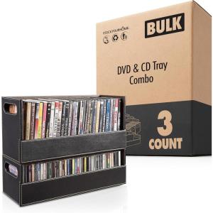 Stock Your Home DVD Storage Box, Movie Shelf Organizer for Blu-Ray, Video Game Cases, CDs, VHS Tape Display Stand, Disc Holder Can Store Up to 28 DVDs, Faux Leather (Black)(DVD & CD Combo 3 Pack)