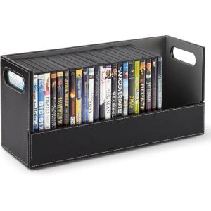 Stock Your Home DVD Storage Box, Movie Shelf Organizer for Blu-Ray, Video Game Cases, CDs, VHS Tape Display Stand, Disc Holder Can Store Up to 28 DVDs, Faux Leather (Black)(Black)