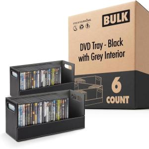 Stock Your Home DVD Storage Box, Movie Shelf Organizer for Blu-Ray, Video Game Cases, CDs, VHS Tape Display Stand, Disc Holder Can Store Up to 28 DVDs, Faux Leather (Black)(Black 6 Pack)