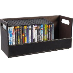 Stock Your Home DVD Storage Box, Movie Shelf Organizer for Blu-Ray, Video Game Cases, CDs, VHS Tape Display Stand, Disc Holder Can Store Up to 28 DVDs, Faux Leather (Black)(Espresso)