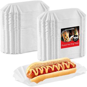 Stock Your Home Fluted Hot Dog Trays (500 Pack) 6” Fluted Paper Hot Dog Liners – Disposable White Hot Dog Wrappers – Rectangular Food Trays for To-Go Orders, Takeout, Concessions Stands, Festivals(100 Count)