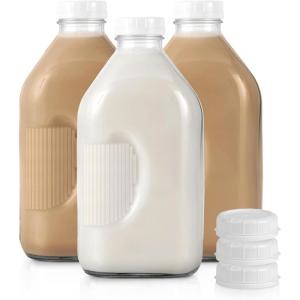 Stock Your Home Half Gallon Glass Milk Bottle with Lid (3 Pack) 64 Oz Jugs and 6 White Caps, Reusable Food Grade Milk Container for Refrigerator, Bottles for Juice, Oat or Plant Milks, Water, Honey(64 oz)