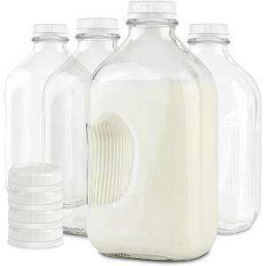Stock Your Home Liter Glass Milk Bottles (2 Pack) – 32-Oz Milk Jars with Lids – Food Grade Glass Bottles – Dishwasher Safe – Bottles for Milk, Buttermilk, Honey, Maple Syrup, Jam, BBQ Sauce(64oz (4 Pack))