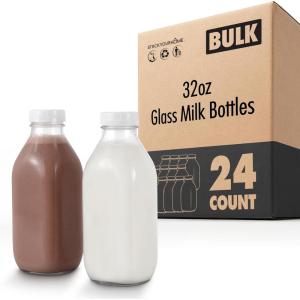 Stock Your Home Liter Glass Milk Bottles (2 Pack) – 32-Oz Milk Jars with Lids – Food Grade Glass Bottles – Dishwasher Safe – Bottles for Milk, Buttermilk, Honey, Maple Syrup, Jam, BBQ Sauce(32oz (24 Pack))