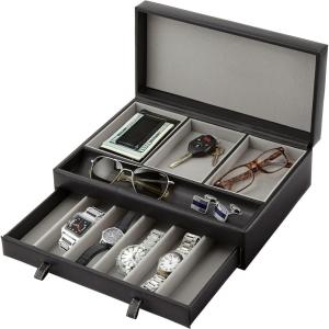 Stock Your Home Mens Valet Tray, Men’s Jewelry Box, Night Stand Organizers and Storage, Bedside Table Organizer, Watch Box for Dresser, Faux Leather (Black & Beige)(Black & Gray)