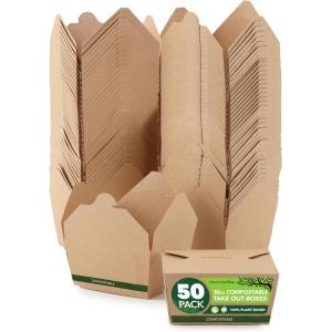 Stock Your Home (Set of 50) 30oz Commercially Compostable Food Take Out Containers Disposable, Small Microwaveable Paper To Go Boxes, Grease Resistant Natural Kraft Cardboard Lunch Box, Takeout(Fifty Pack (30oz))