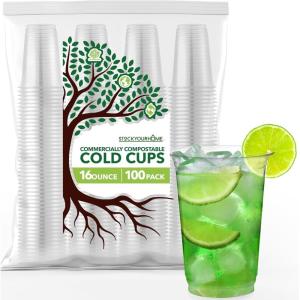 Stock Your Home16 oz Clear Commercially Compostable Cold Cups (100 Pack), Eco Party Cup, Environmentally Friendly Disposable Sustainable for Water, Wine, Beer Sample