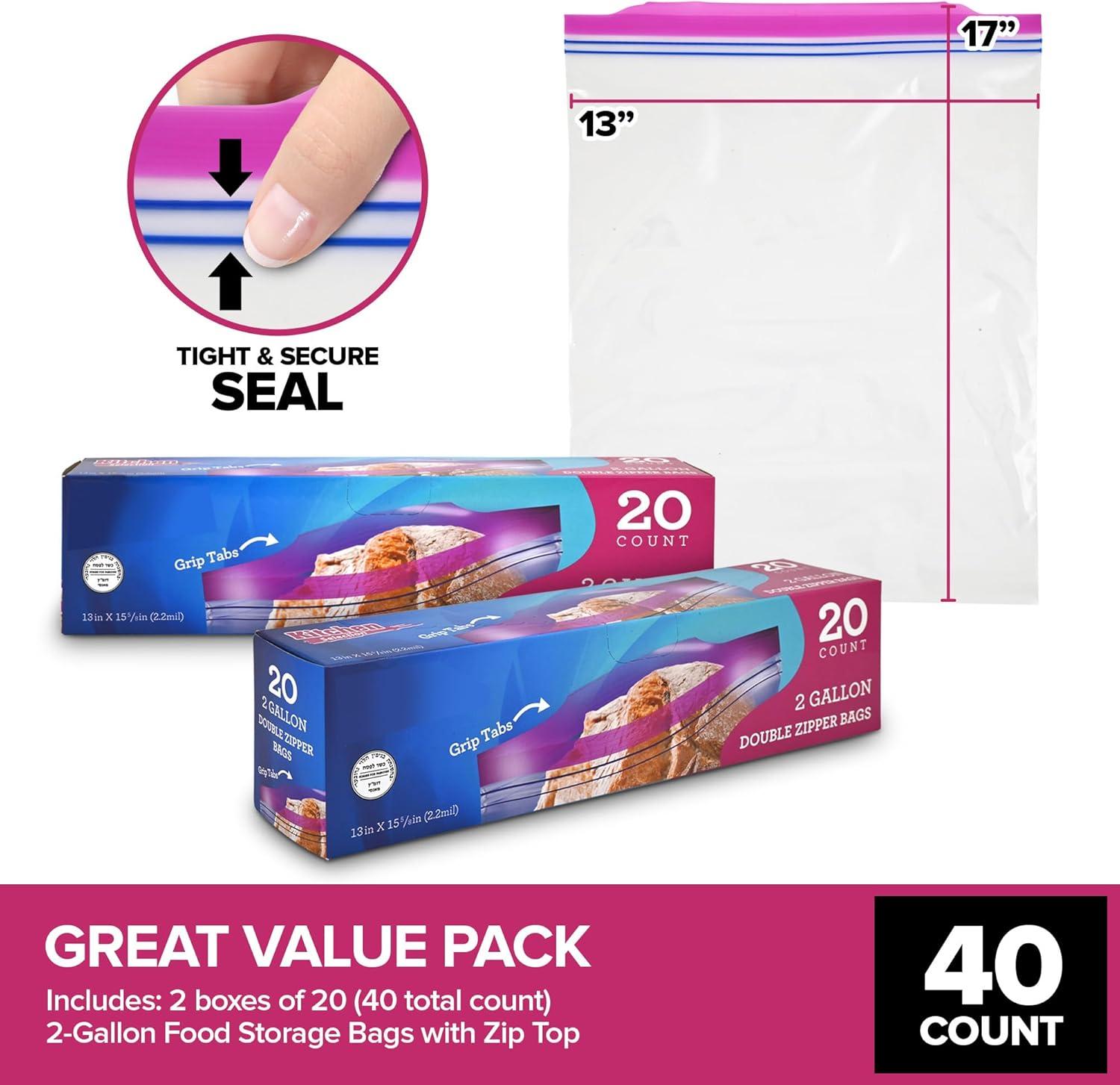 image40 Count 2 Gallon Freezer Bags Double Zipper Plastic Storage Bags for Freezing Food Extra Large Freezer Bags 2 Gallon Bulk Pack with Easy Dispensing Box Resealable Clear Two Gallon Storage Bags