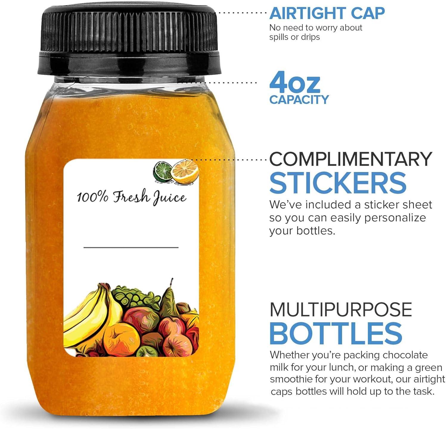 imageStock Your Home 4 Ounce Mini Bottles for Mini Fridge Reusable Juice Containers with Black Caps Small Bottle for Liquids in Lunch Box Clear Empty Plastic Container with Lids for Juicing 12 PackBlack Caps