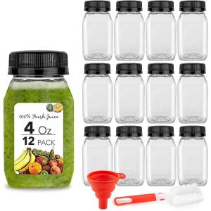Stock Your Home 4 Ounce Mini Bottles for Mini Fridge, Reusable Juice Containers with Black Caps, Small Bottle for Liquids in Lunch Box, Clear Empty Plastic Container with Lids for Juicing (12 Pack)(Black Caps)