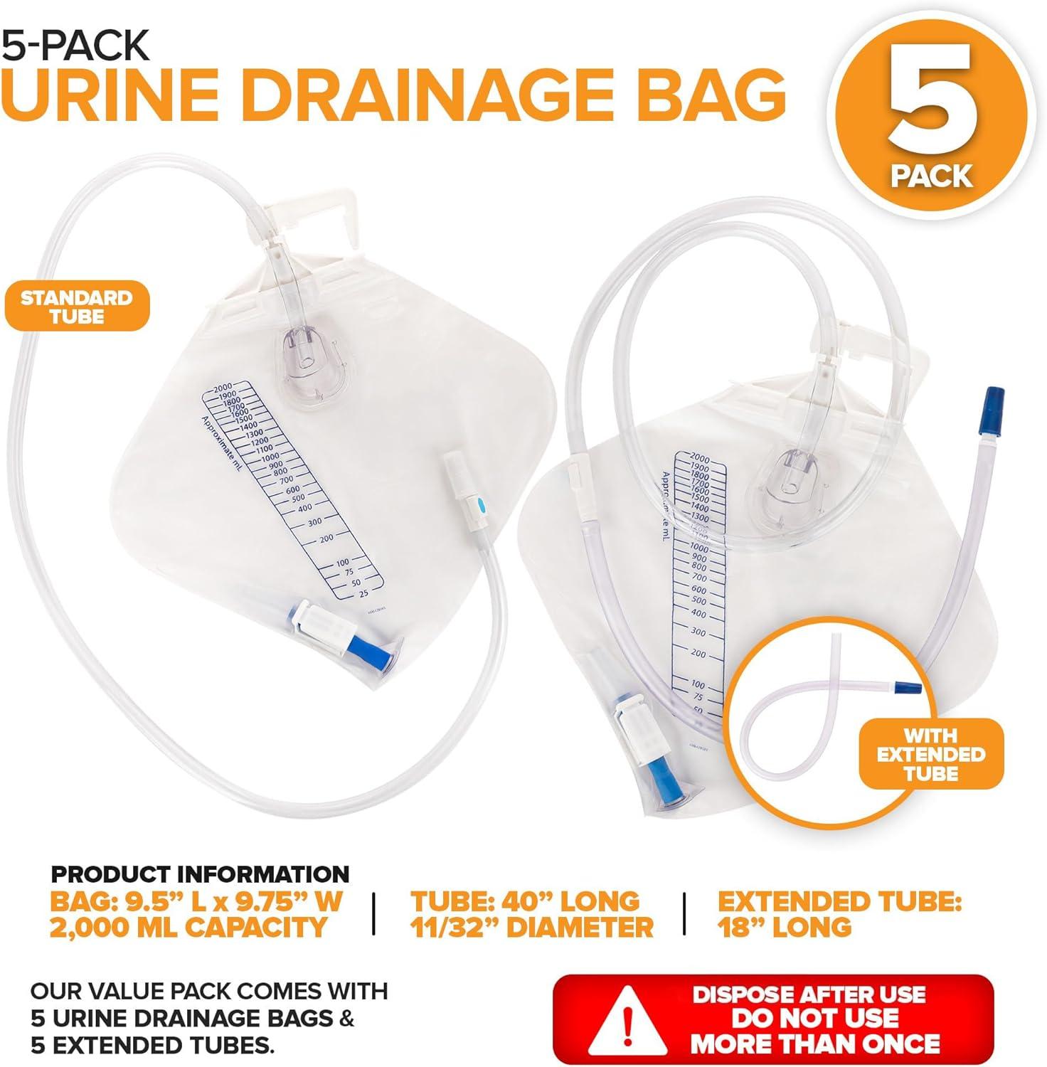 imageRUSCH Urine Drainage Bag with 18 Extended Tube 5 Pack Urine Bag with AntiReflux Chamber with SplashResistant Drain Spout 2000 mL Vinyl Urine Bags for Men 40 Tube Drainage Stock Your Home5 Pack