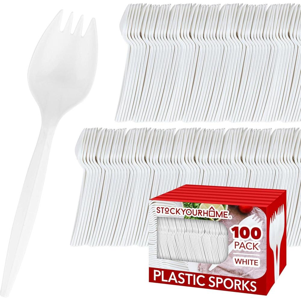 imageStock Your Home 100 Disposable Sporks White Plastic Sporks Kid Safe 2 in 1 Utensils Fork Spoon Perfect for School Lunch Picnics Catered Events Restaurants and Kids Birthday Parties100 Pack