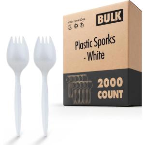 Stock Your Home 100 Disposable Sporks, White Plastic Sporks – Kid Safe 2 in 1 Utensils – Fork Spoon Perfect for School Lunch, Picnics, Catered Events, Restaurants and Kids Birthday Parties(2000 Pack)