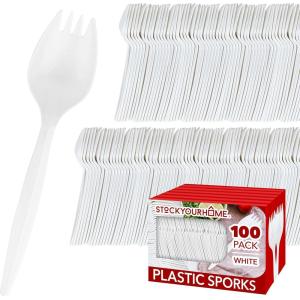 Stock Your Home 100 Disposable Sporks, White Plastic Sporks – Kid Safe 2 in 1 Utensils – Fork Spoon Perfect for School Lunch, Picnics, Catered Events, Restaurants and Kids Birthday Parties(100 Pack)