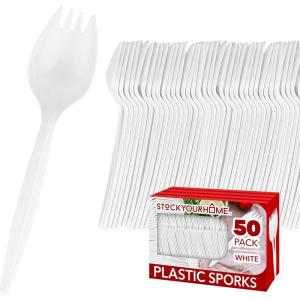 Stock Your Home 100 Disposable Sporks, White Plastic Sporks – Kid Safe 2 in 1 Utensils – Fork Spoon Perfect for School Lunch, Picnics, Catered Events, Restaurants and Kids Birthday Parties(50 Pack)