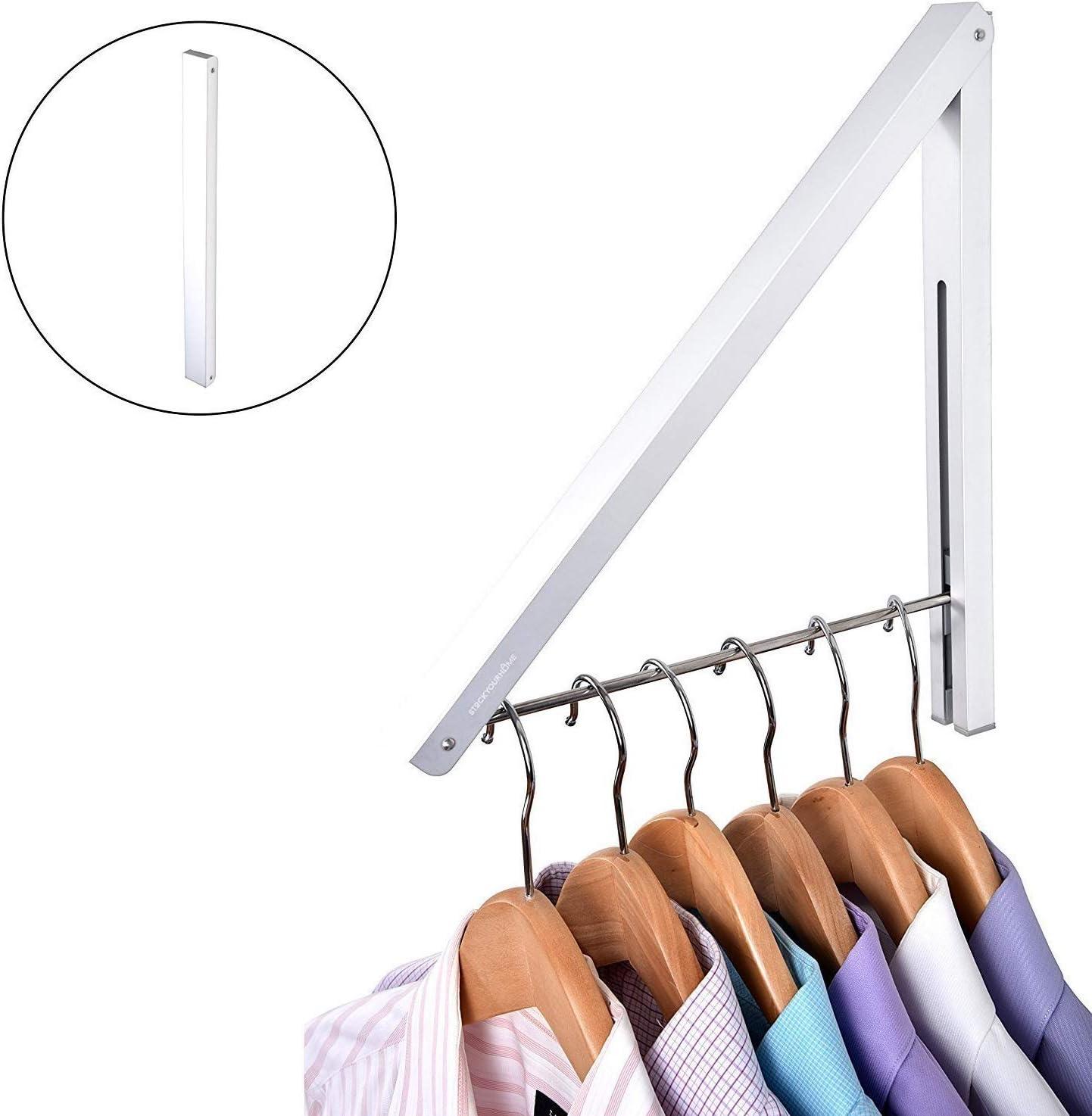 imageSingle Foldable Clothing Rack WallMounted Retractable Clothes Hanger for Laundry Dryer Room Hanging Drying Rod Small Collapsible Folding Garment Racks Dorm Accessories ChromeWhite