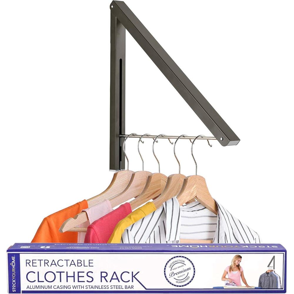 imageSingle Foldable Clothing Rack WallMounted Retractable Clothes Hanger for Laundry Dryer Room Hanging Drying Rod Small Collapsible Folding Garment Racks Dorm Accessories ChromeGray